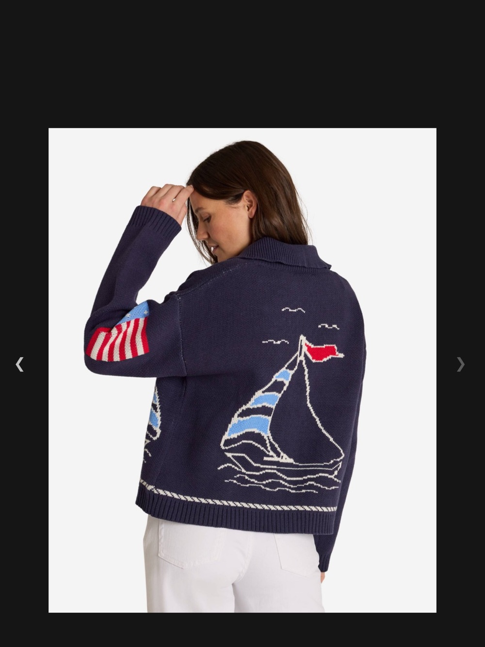 Navy Nautical-Print Button-Front Cardigan Sweater Sailboat Sail American Flag